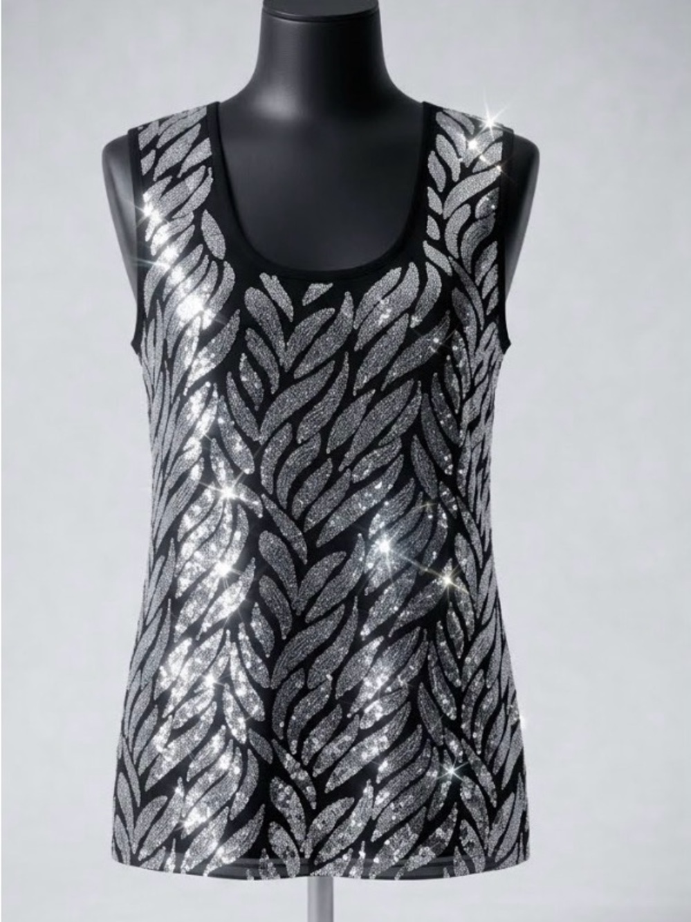 Body Central Black Tank Top with Silver Sequin Leaf Motif